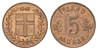 Исландия 5 эйре 1946 KM 9 бронза UNC 4695-517