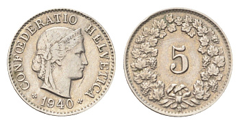 Швейцария 5 раппенов 1940 B KM 26b никель 4705-1234