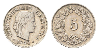 Швейцария 5 раппенов 1940 B KM 26b никель 4705-1234