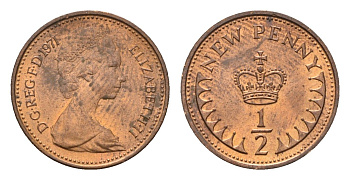 Великобритания 1/2 новый пенни 1971 Елизавета II (1952-2022) KM 914, Spink 4239 бронза UNC 96-549