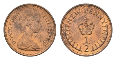 Великобритания 1/2 новый пенни 1971 Елизавета II (1952-2022) KM 914, Spink 4239 бронза UNC 96-549