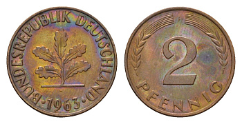 ФРГ 2 пфеннига 1963 F KM 106, J. 381 бронза 4564-539
