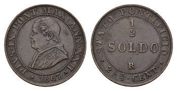 Папская Область 1/2 сольдо 1867 R, Пий IX (1846-1878) KM 1371 медь 441-1315