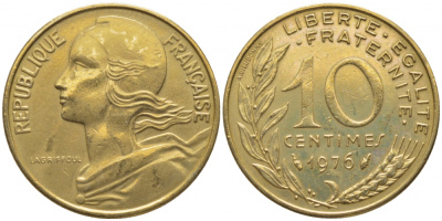 ФРАНЦИЯ 10 САНТИМОВ 1976 ТИП MARIANNE KM 929, LE FRANC 144.16 алюминиевая бронза 112-358