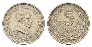 Уругвай 5 сентимо 1953 год-тип KM 34 медно-никель UNC 4705-456