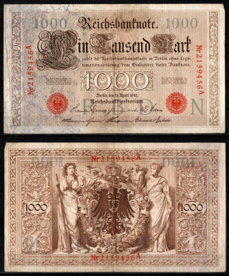 Германия 1000 марок 1910 Берлин, A; аллегорические фигуры («Мореплавание» и «Земледелие»), герб Pick 44 b бумага 7547-84-2-1