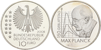 ФРГ 10 евро 2008 F, 150 лет со дня рождения Макса Планка KM 272, DE.S. 10.35 серебро PROOF 1076-3-75
