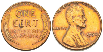 США 1 ЦЕНТ 1957 ЛИНКОЛЬН KM А132 медь цинк 3309-1161