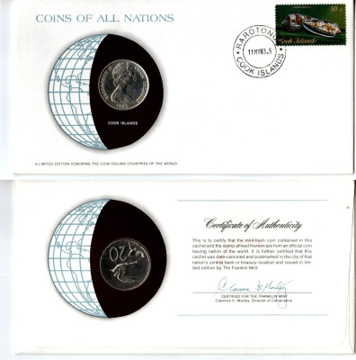 Острова Кука 20 центов 1983 конверт с маркой первого дня гашения, Coins of Nations KM 5 медно-никель UNC 9-1-01-94