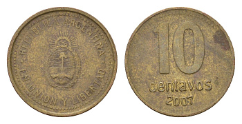 Аргентина 10 сентаво 2007 KM 107a сталь плакированная латунью 4679-814