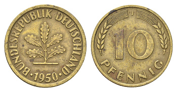 ФРГ 10 пфеннигов 1950 J KM 108, J. 383 сталь плакированная латунью 4705-466