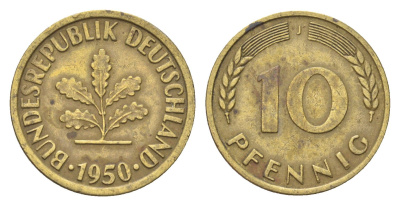 ФРГ 10 пфеннигов 1950 J KM 108, J. 383 сталь плакированная латунью 4705-466