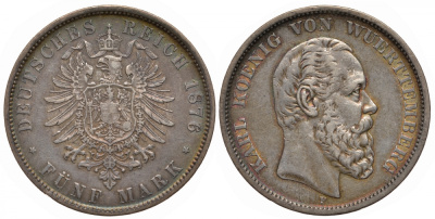Вюртемберг 5 марок 1876 F, Карл (1864-1891), старогербовка Weege 169, J. 173, KM 623 серебро 00-822-43