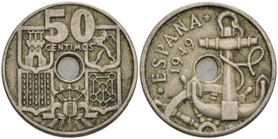 Испания 50 сентимо 1949 (52) Франсиско Франко (1939-1975) KM 777 медно-никель 4604-531