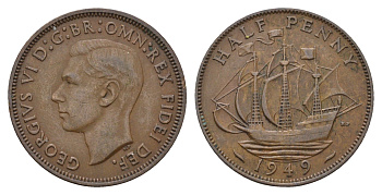 Великобритания 1/2 пенни 1949 Георг VI (1936-1952) KM 868, Spink 4118 бронза 4519-712