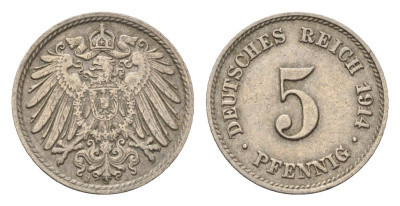 Германия 5 пфеннигов 1914 J KM 11, J. 12 медно-никель 4696-653