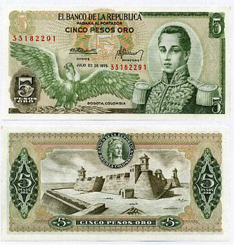 Колумбия 5 песо 1975 Хосе Мария Кордова, Картахена Pick 406е бумага UNC (пресс) 000-00