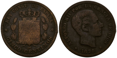 Испания 10 сентимо 1879 ОМ, Альфонсо XII (1874-1885) KM 675 бронза 4168-1022
