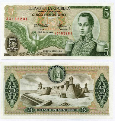 Колумбия 5 песо 1975 Хосе Мария Кордова, Картахена Pick 406е бумага UNC (пресс) 000-00