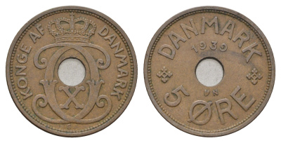 Дания 5 эре 1939 N, Кристиан X (1912-1947) KM 828 бронза 4700-844