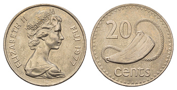 Фиджи 20 центов 1977 Елизавета II (1952-2022), китовый зуб KM 31 медно-никель aUNC 4545-324