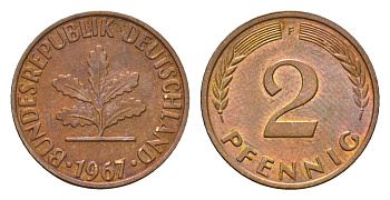 ФРГ 2 пфеннига 1967 F KM 106, J. 381 бронза 3458-658