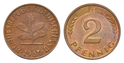 ФРГ 2 пфеннига 1967 F KM 106, J. 381 бронза 3458-658