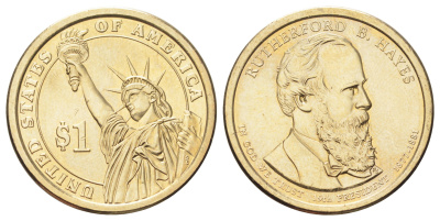 США 1 доллар 2011 Президент США - Ратерфорд Хейз (1877-1881) KM 501 медь с марганцево-латунным покрытием UNC 4699-924