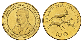 Танзания 100 шиллингов 1994 KM 32 сталь плакированная латунью UNC 4663-246