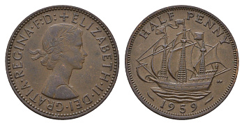 Великобритания 1/2 пенни 1959 Елизавета II (1952-2022) KM 896, Spink 4158 бронза 94-853