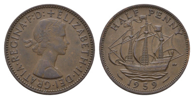 Великобритания 1/2 пенни 1959 Елизавета II (1952-2022) KM 896, Spink 4158 бронза 94-853