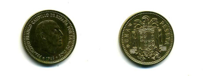 ИСПАНИЯ 1 ПЕСЕТА 1966 (70) ФРАНСИСКО ФРАНКО ДИКТАТОР ИСПАНИИ (1939-1975) КМ 796 алюминиевая бронза 26-765
