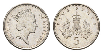 Великобритания 5 пенсов 1991 Елизавета II (1952-2022) KM 937b, Spink 4372 (D4) медно-никель 4684-1032