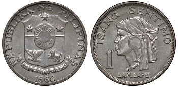 Филиппины 1 сентимо 1969 вождь острова Мактан Лапу-Лапу KM 196 алюминий UNC M51-15