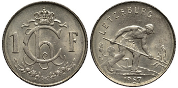 Люксембург 1 франк 1957 Шарлотта (1918-1964), сталевар KM 46.2 медно-никель 4538-923