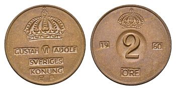 Швеция 2 эре 1960 TS, Густав VI Адольф (1950-1973) KM 821 бронза 27-226