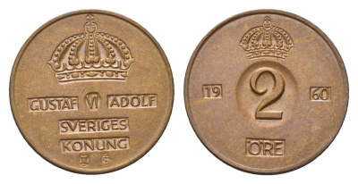 Швеция 2 эре 1960 TS, Густав VI Адольф (1950-1973) KM 821 бронза 27-226