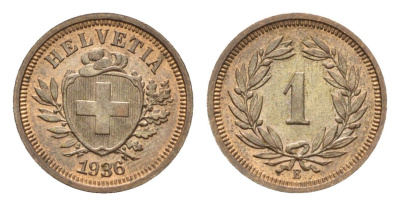 Швейцария 1 раппен 1936 B KM 3.2 бронза aUNC 1528-224