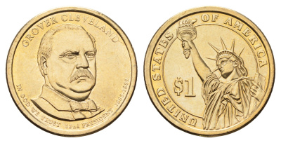 США 1 доллар 2012 D, Президент США - Гровер Кливленд (1885–1889) KM 525 медь с марганцево-латунным покрытием UNC 4624-851