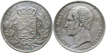 Бельгия 5 франков 1865 Леопольд I (1831-1865) KM 17 серебро 1067-1-25