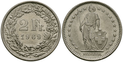 Швейцария 2 франка 1969 B KM 21a медно-никель 4171-1227