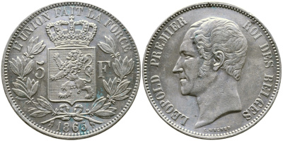 Бельгия 5 франков 1865 Леопольд I (1831-1865) KM 17 серебро 1067-1-25