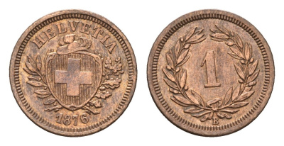 Швейцария 1 раппен 1876 B KM 3.1 бронза 1530-1142