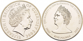 Гернси 5 фунтов 2002 королева Елизавета, королева мать KM 127 медно-никель UNC 11-092-44