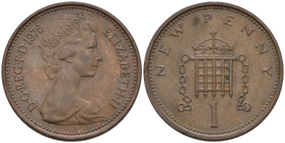Великобритания 1 пенни 1976 Елизавета II (1952-2022) KM 915, Spink 4237 (B1) бронза    4602-548