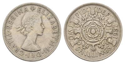 Великобритания 2 шиллинга (флорин) 1957 Елизавета II (1952-2022) KM 906, Spink 4146 медно-никель 4183-431