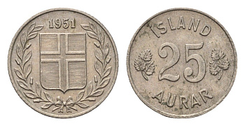 Исландия 25 эйре 1951 KM 11 медно-никель 4696-323