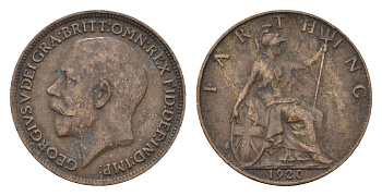 Великобритания 1 фартинг 1920 Георг V (1910-1936) KM 808.2, Spink 4060 бронза 4697-847