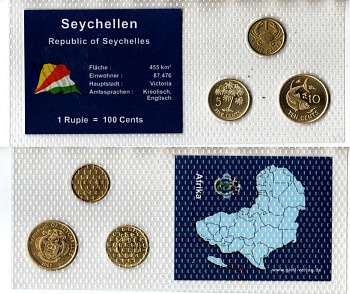 Сейшельские Острова (Сейшелы) набор из 3 монет (1, 5 и 10 центов) 2004 и 2007 в красочной упаковке с информацией о стране KM 46, 47a, 48a UNC 5-4-1-65