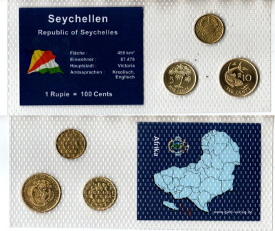 Сейшельские Острова (Сейшелы) набор из 3 монет (1, 5 и 10 центов) 2004 и 2007 в красочной упаковке с информацией о стране KM 46, 47a, 48a UNC 5-4-1-65